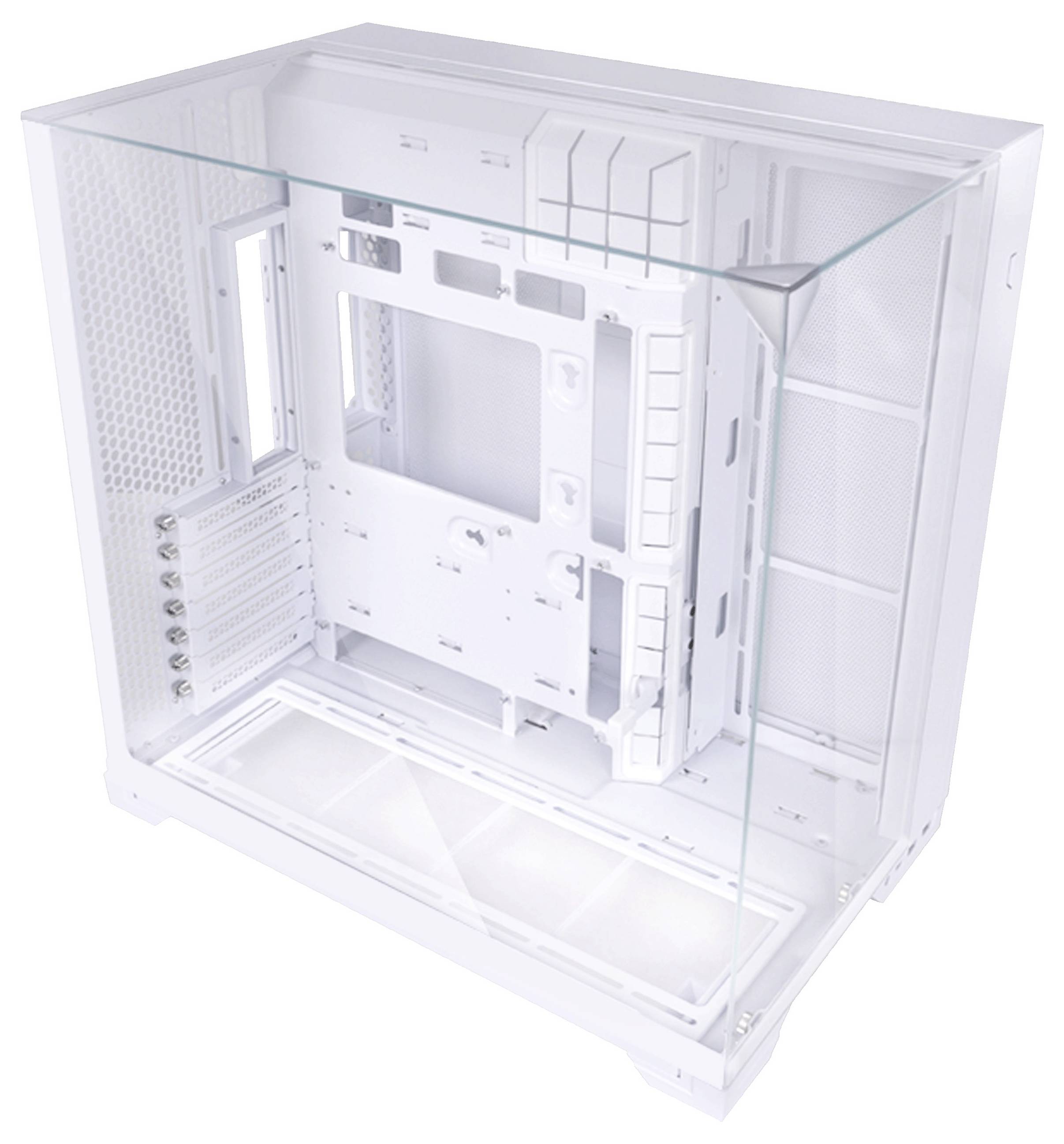A white, open PC case with a glass side panel displays slots for expansion cards, drives, and a rear plate for motherboard mounting.