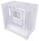 White, empty computer case with transparent side panels; offers plenty of space for computer components and ventilation.