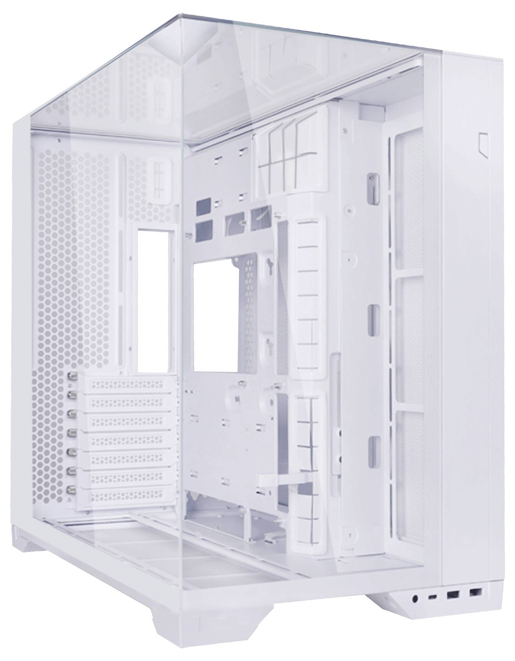 Empty white PC case with glass panel, showing internal slots and mounting points for computer components.