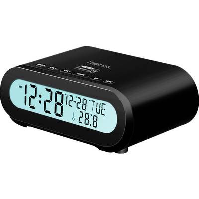 A black digital alarm clock displays the time 12:28 AM, the date 12-28, and a temperature of 28.8 degrees.