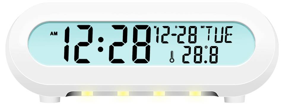 Digital alarm clock displaying '12:28', date '12-28 TUE', and temperature '28.8°C'.