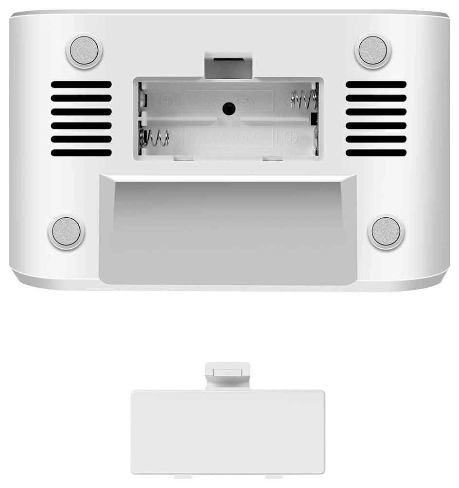 Rear view of a white device with battery compartment and covered compartment lid at the bottom. Device has ventilation slots and rubber feet.