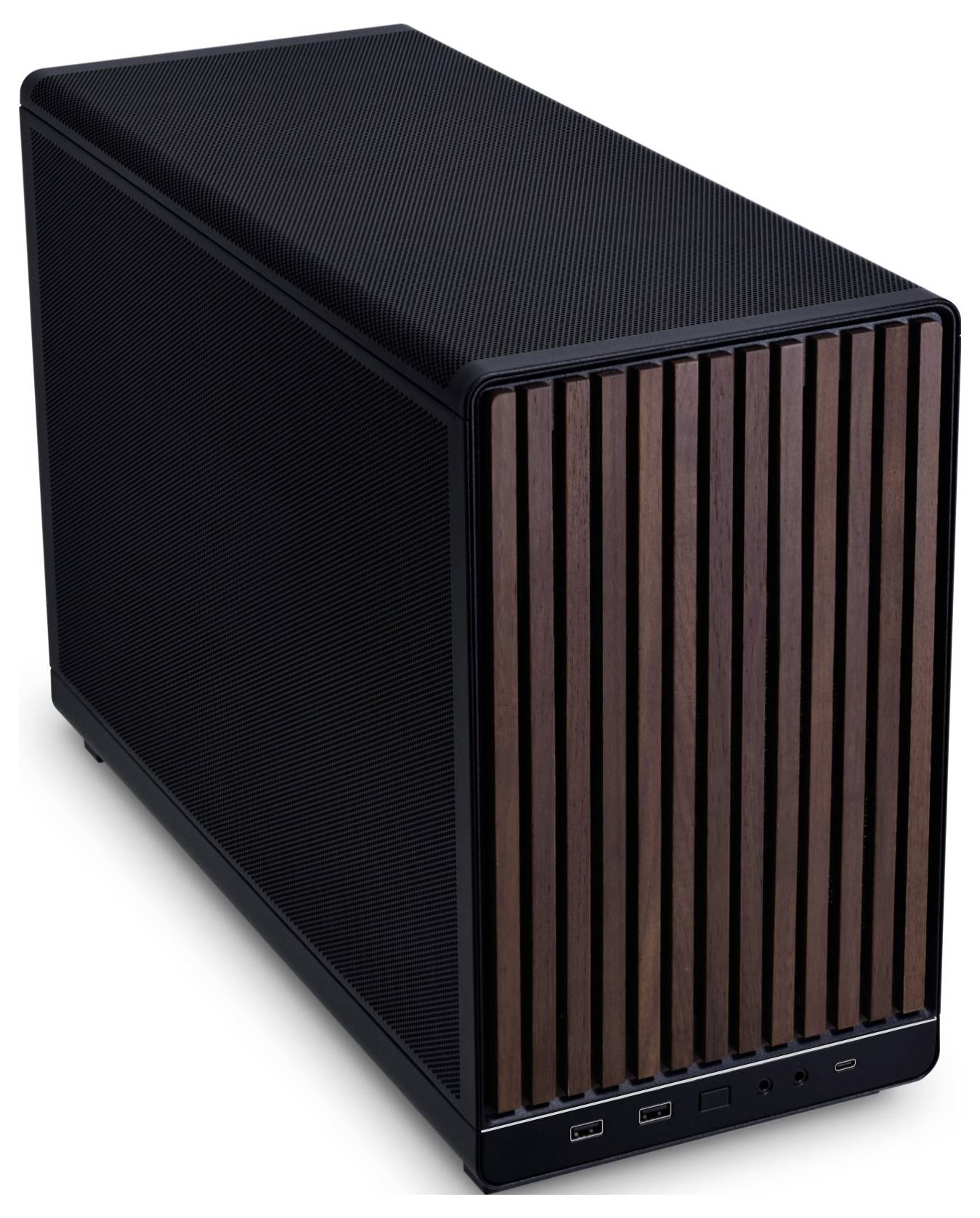 Black computer case with a wood-like front panel, multiple USB ports and ventilation slots on the top and front surfaces.