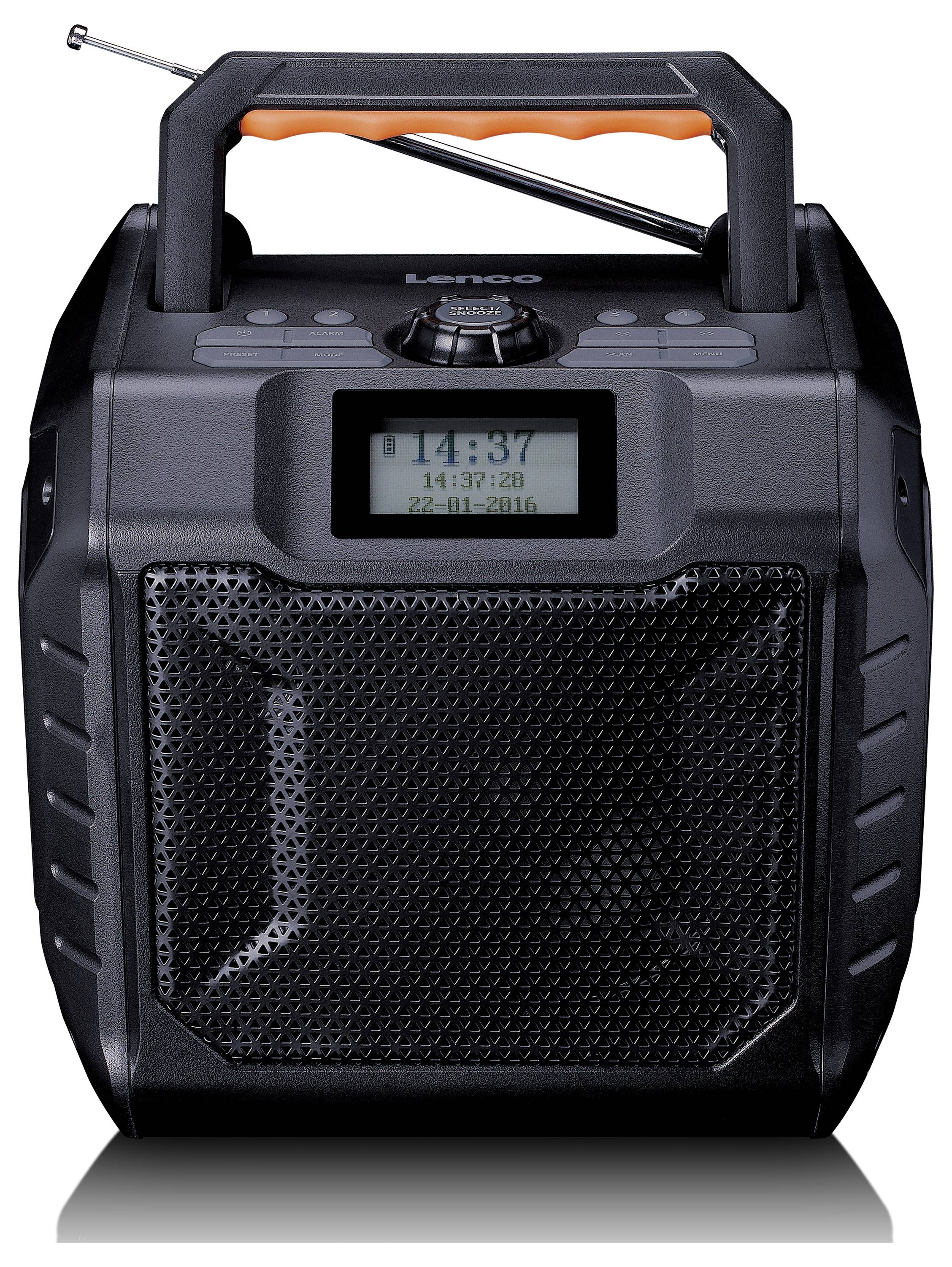 Portable radio with digital display on the front, showing time and date. Antenna and carrying handle on top. Main colour: Black.