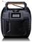 Portable radio with digital display on the front, showing time and date. Antenna and carrying handle on top. Main colour: Black.
