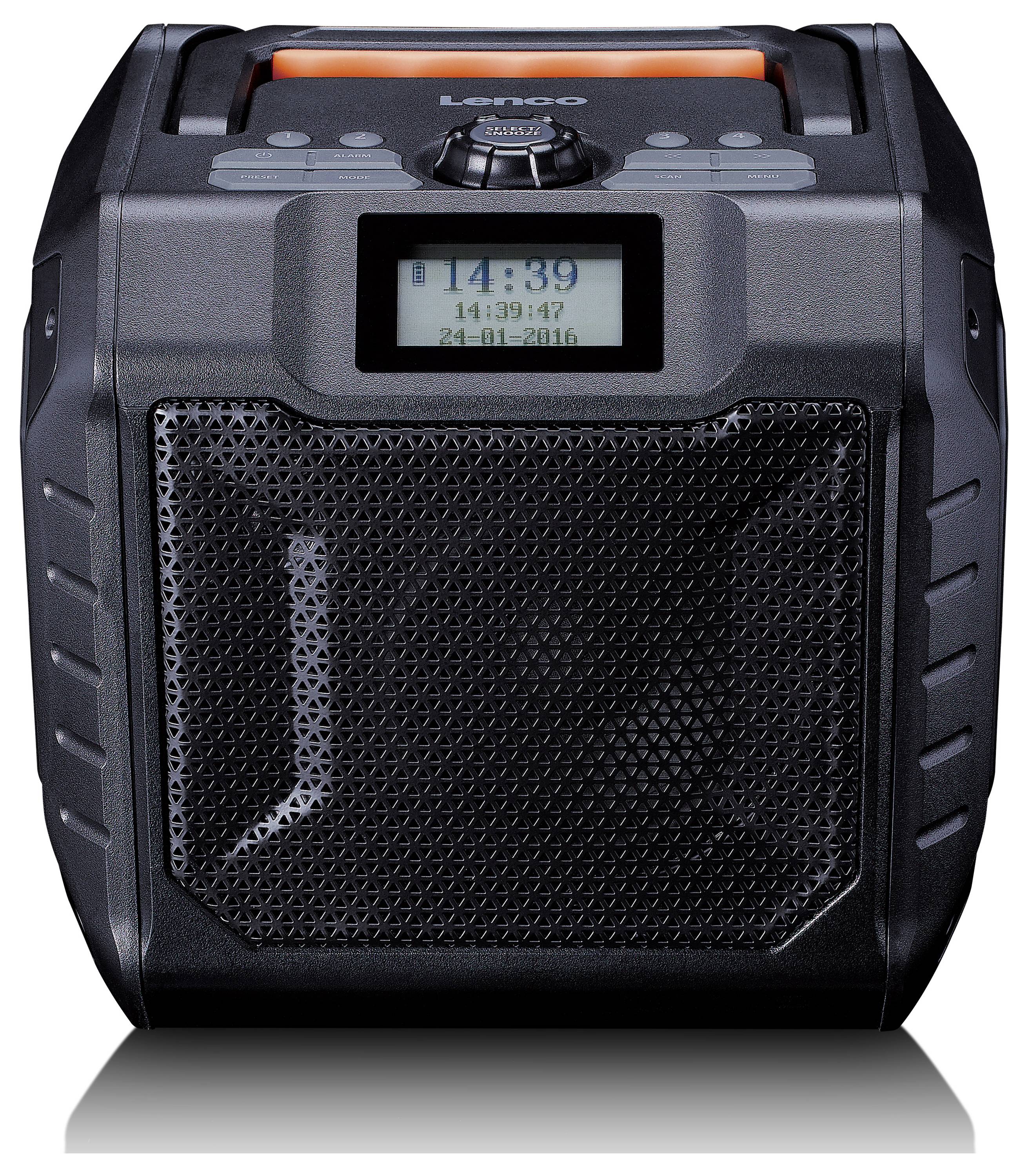 A portable speaker in black with a digital display. The display shows '14:39'. Controls are located at the top.