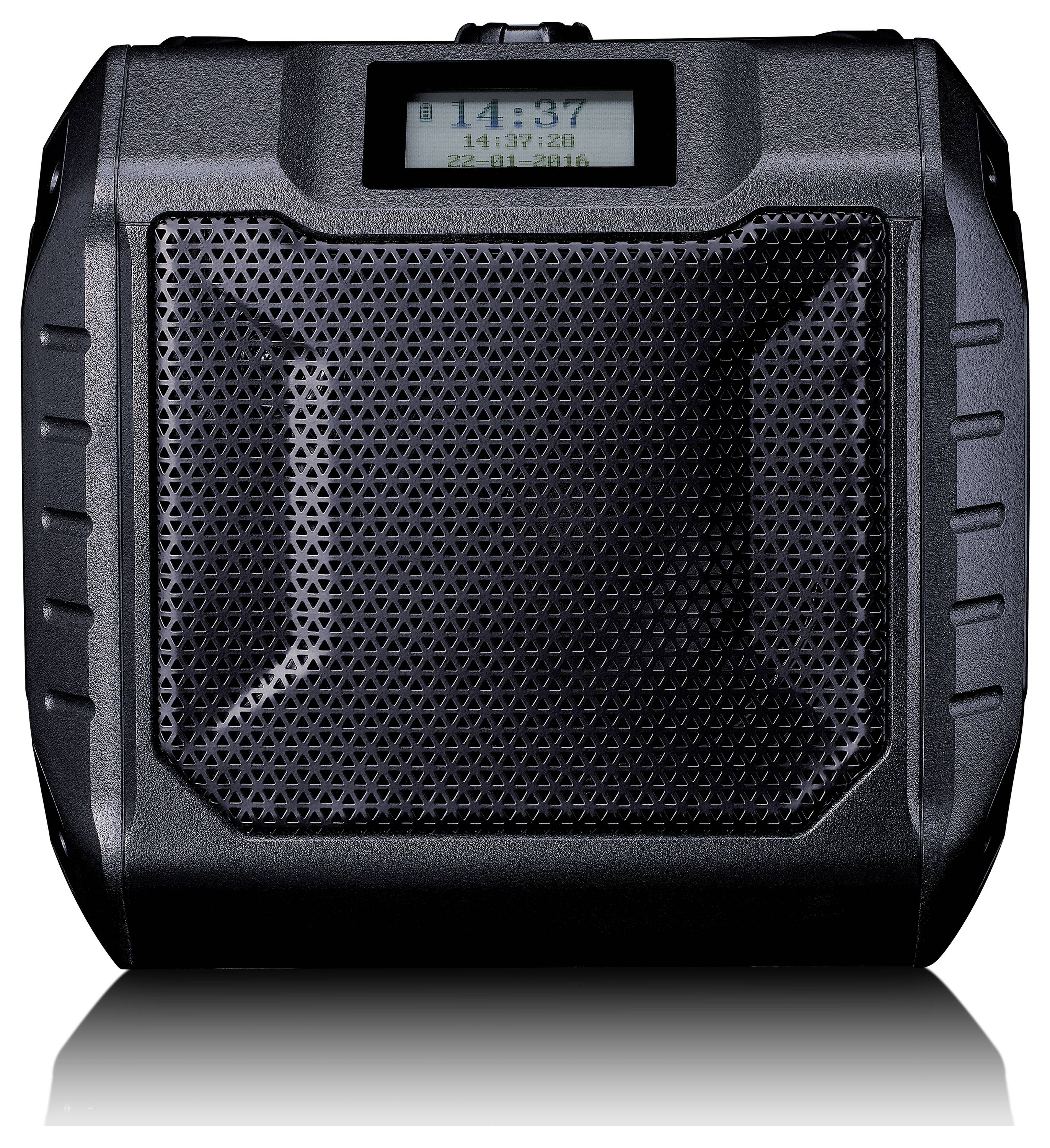 Black portable speaker with ribbed grille and digital display on top. Screen shows the time '14:37'.