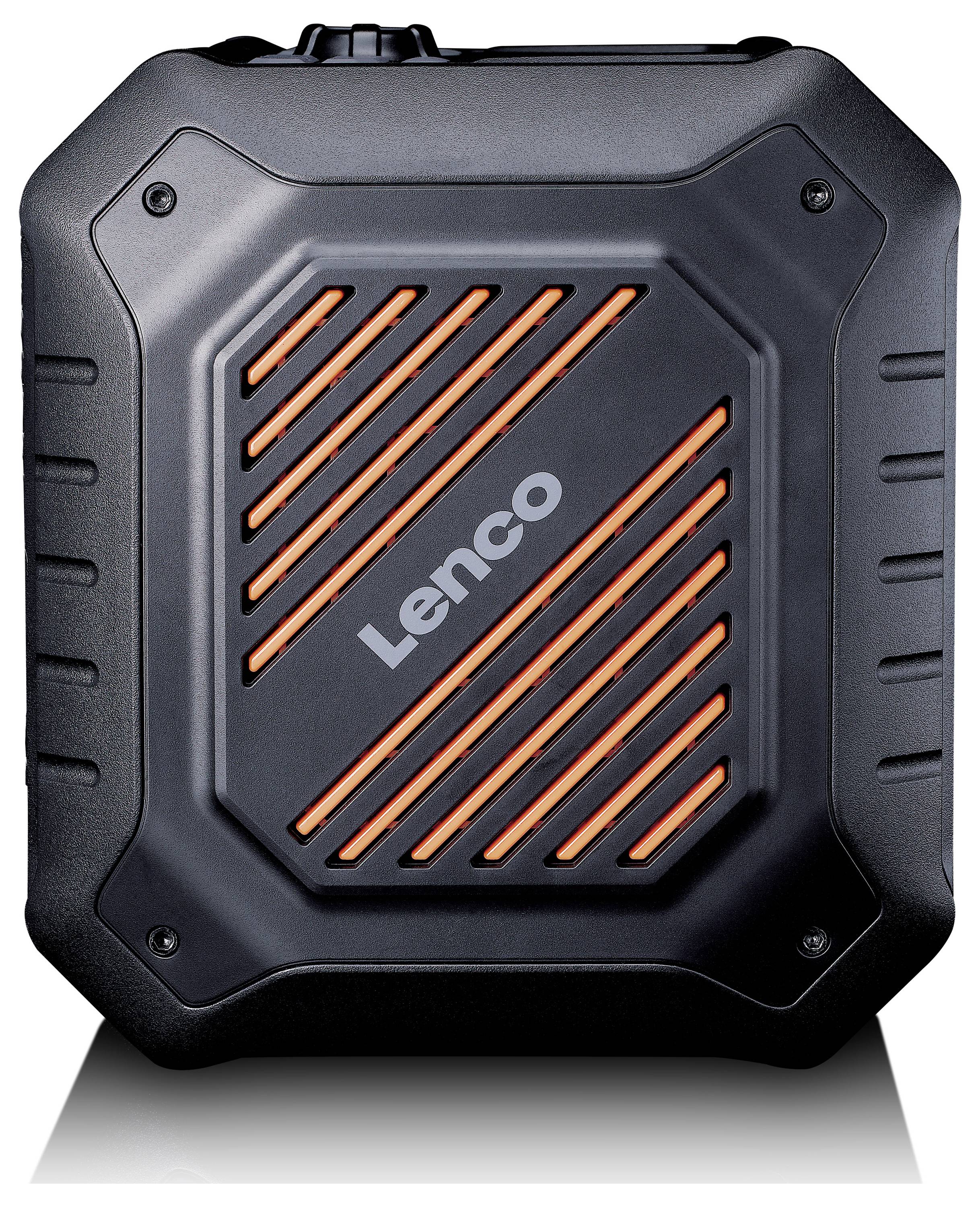 A black, portable speaker with orange details and the inscription 'Lenco' on the front.