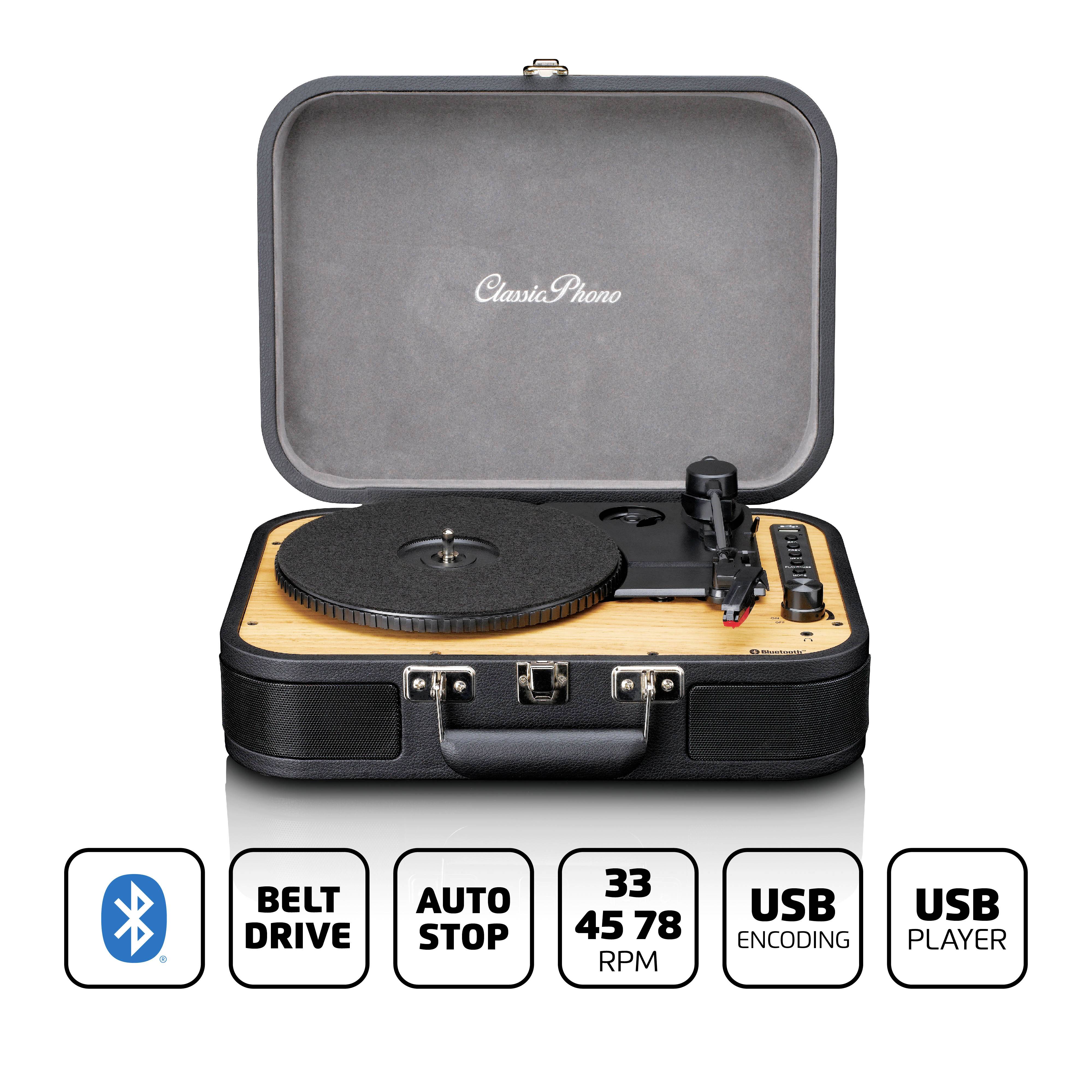 'Black record player in a suitcase design, with Bluetooth and USB connections, featuring speeds of 33/45/78 RPM and auto-stop function.'