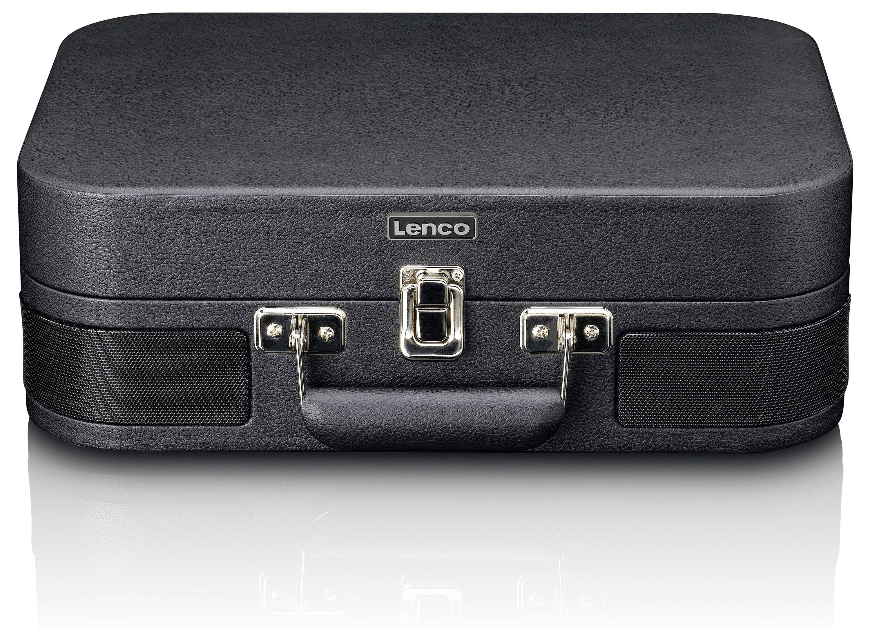 'Black suitcase with metal fittings and handle, marked with 'Lenco'. The suitcase is standing on a reflective surface.'