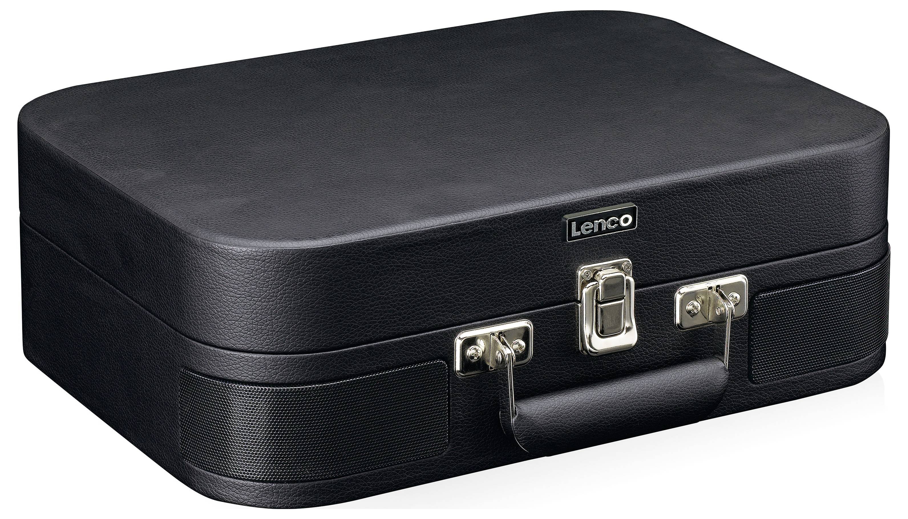 Black Lenco record player case closed, with silver catch and recessed handle, on white background.