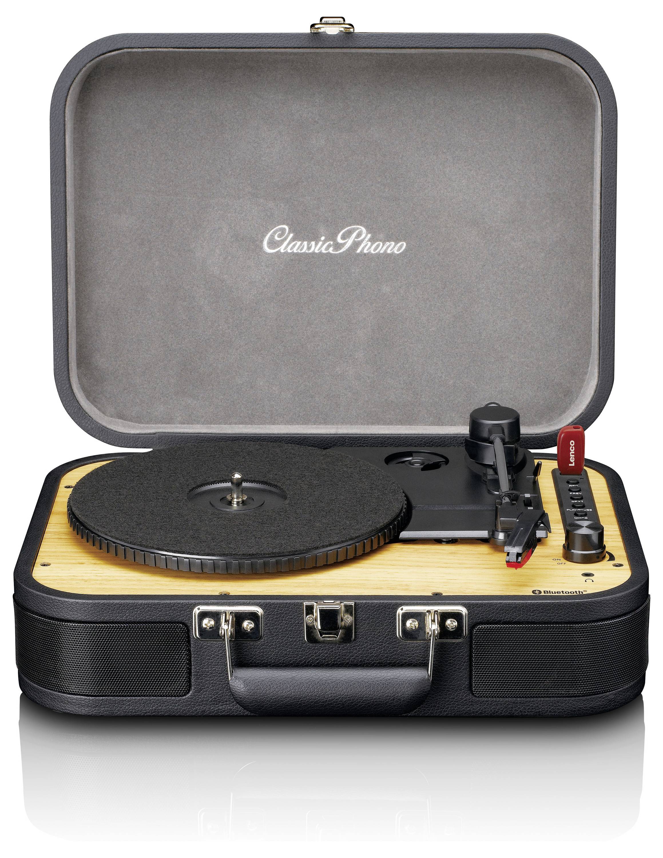 A portable record player in a briefcase design with a wooden surface and built-in speaker. Above it reads 'Classic Phono'.