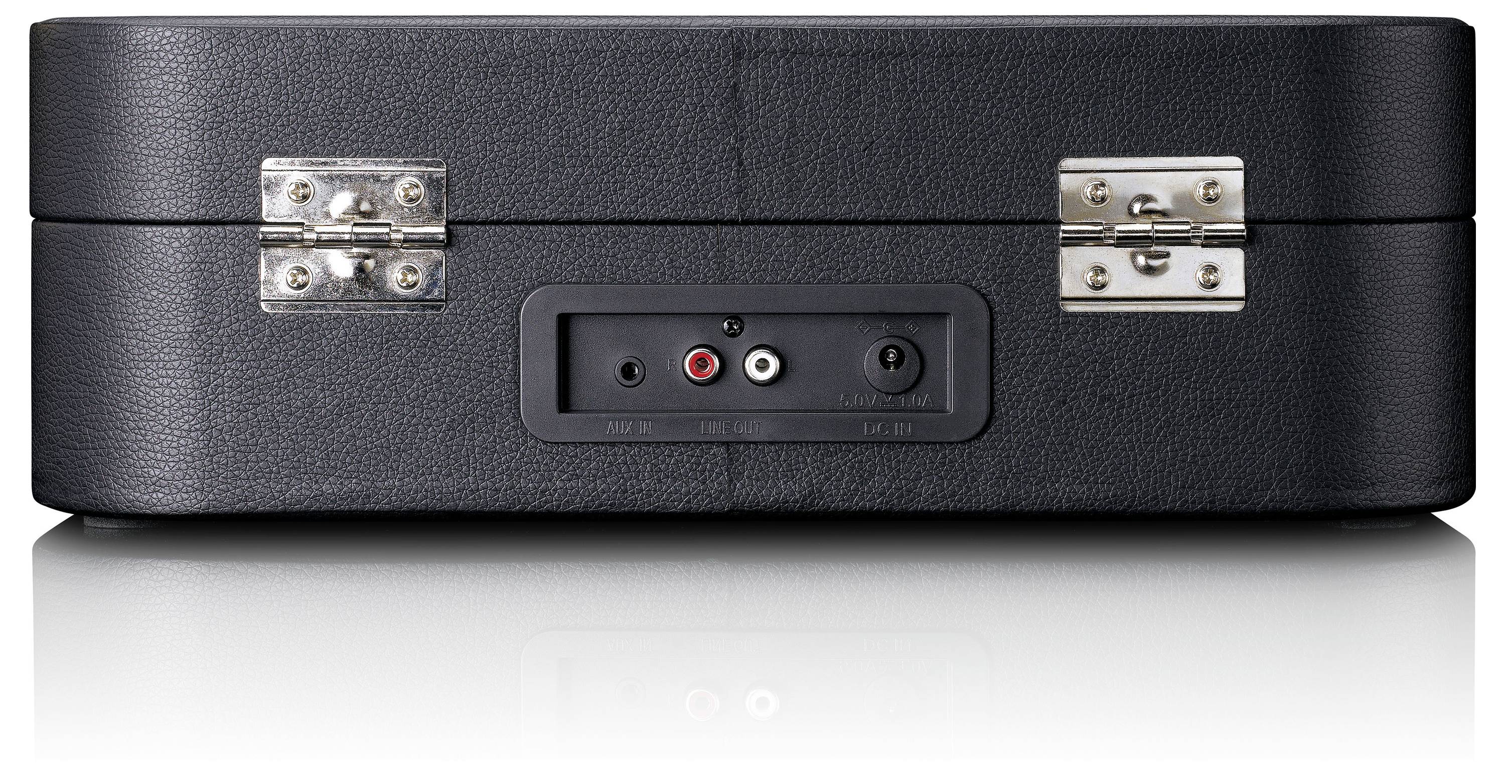 Black suitcase with silver hinges, showing rear view with audio connections.