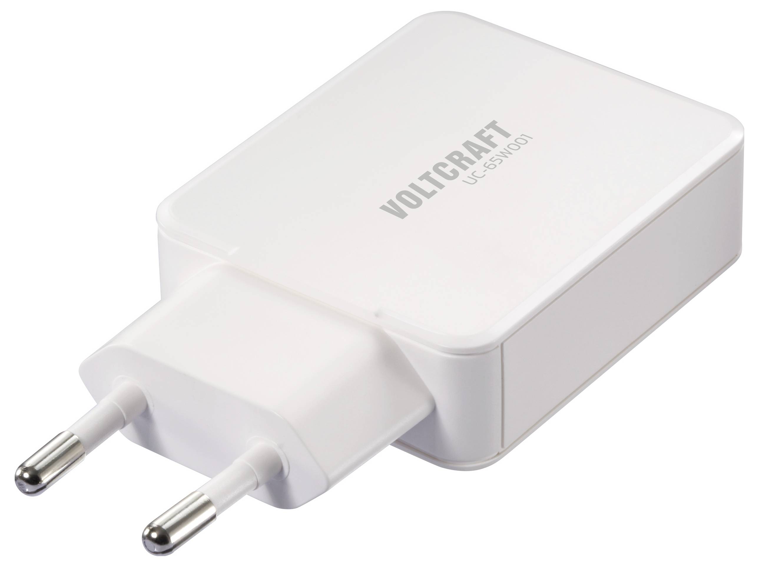 A white Voltcraft USB charger with a European plug, model UCP-5000/1, designed for charging electronic devices.