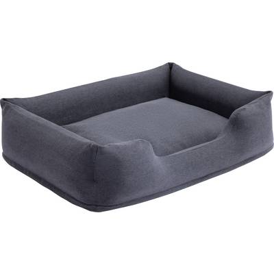 A rectangular, dark grey pet bed with padded sides and a low front edge, perfect for resting.