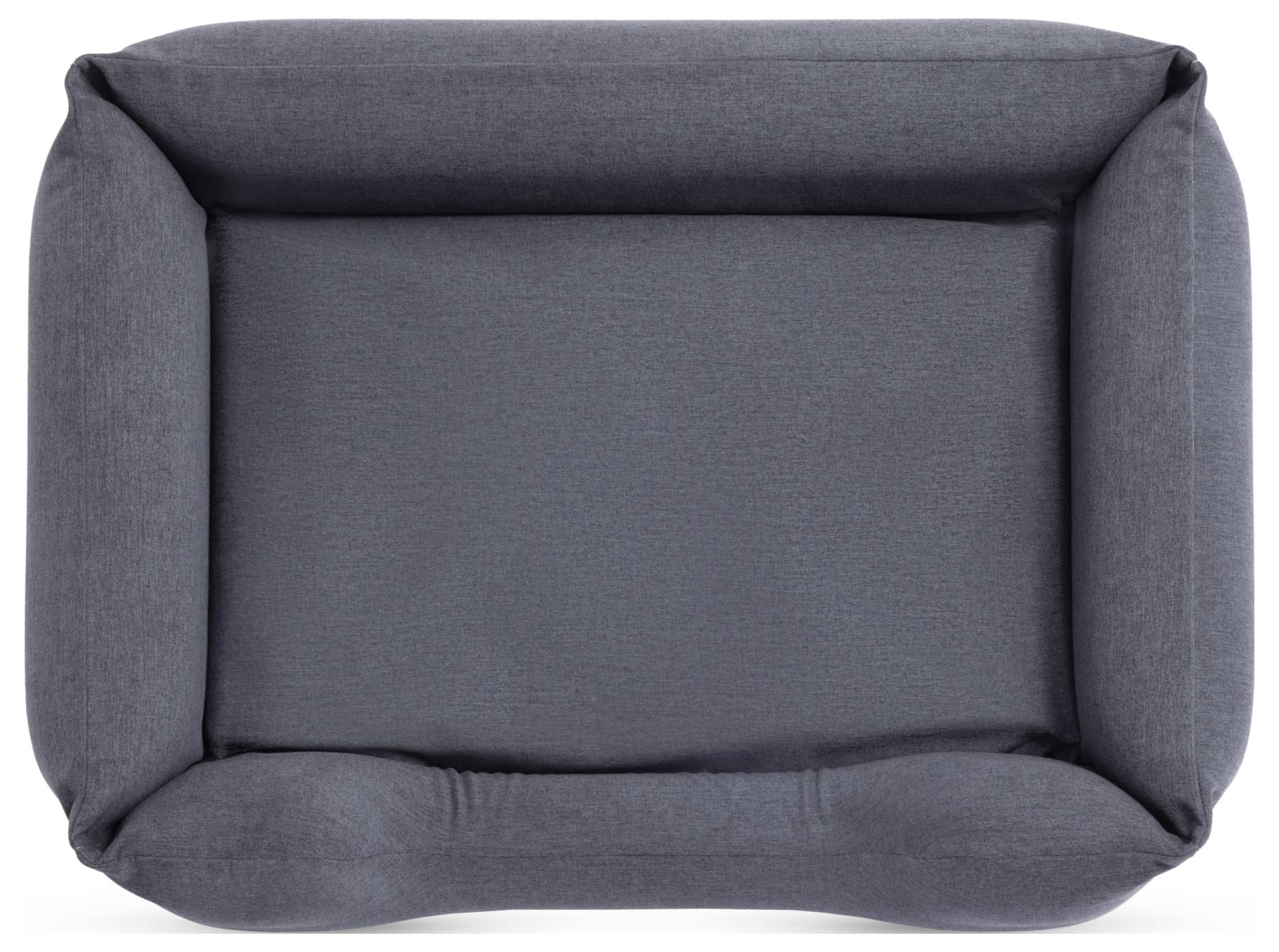 A dark grey dog bed with raised sides, rectangular in shape and padded, provides comfort and support for pets.