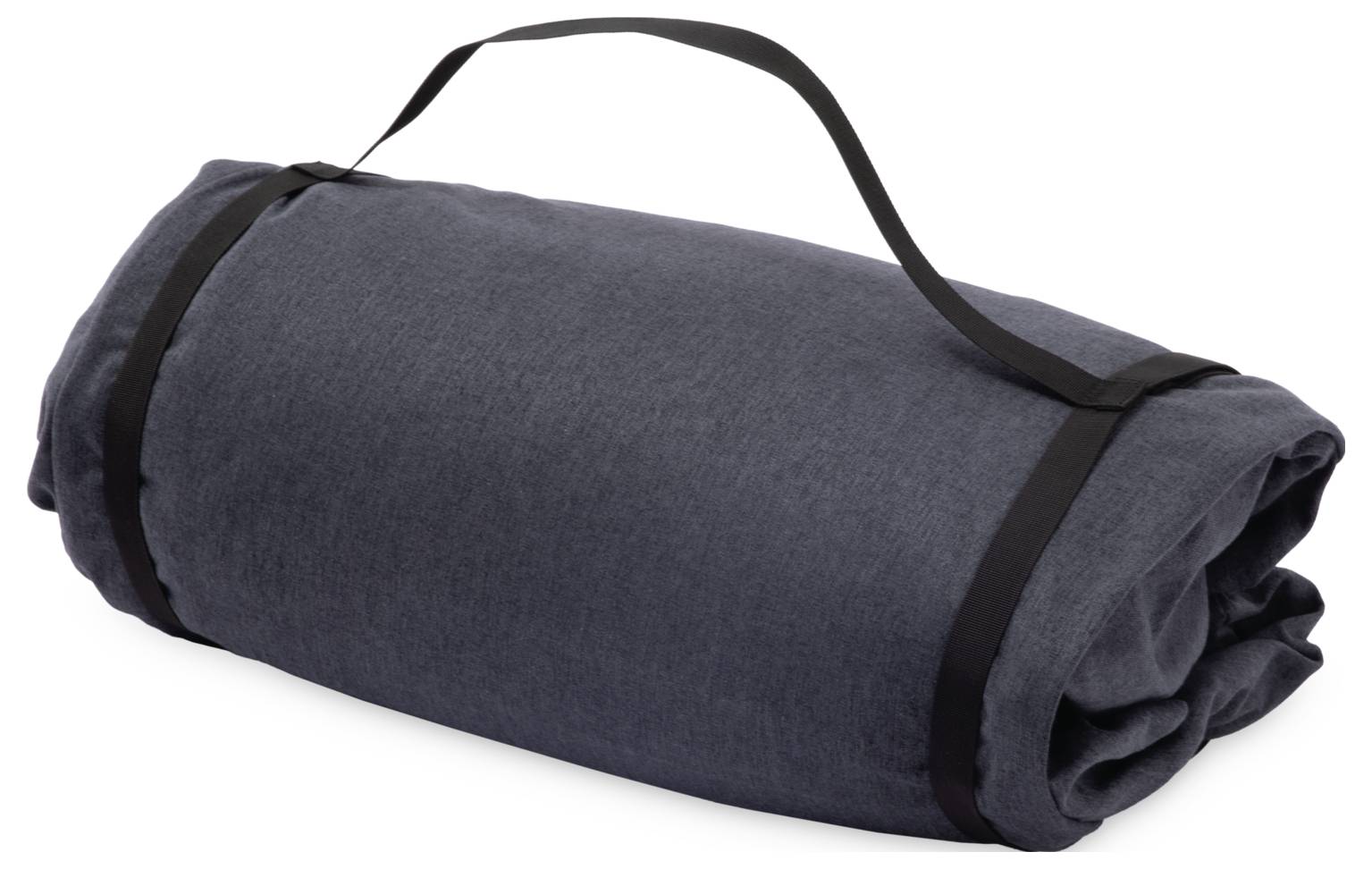 A rolled-up, dark grey blanket with a carrying handle, perfect for camping or picnics.