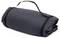 A rolled-up, dark grey blanket with a carrying handle, perfect for camping or picnics.