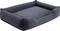 Dark dog bed with raised sides and backrest, rectangular shape.