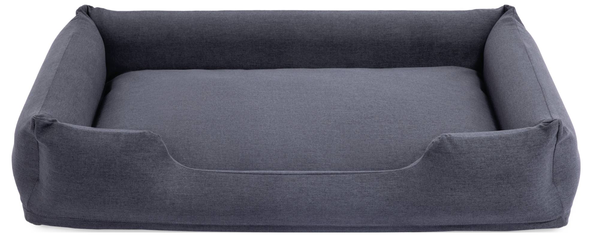 Black dog bed with raised edges, rectangular, provides comfort and support for dogs of various sizes.