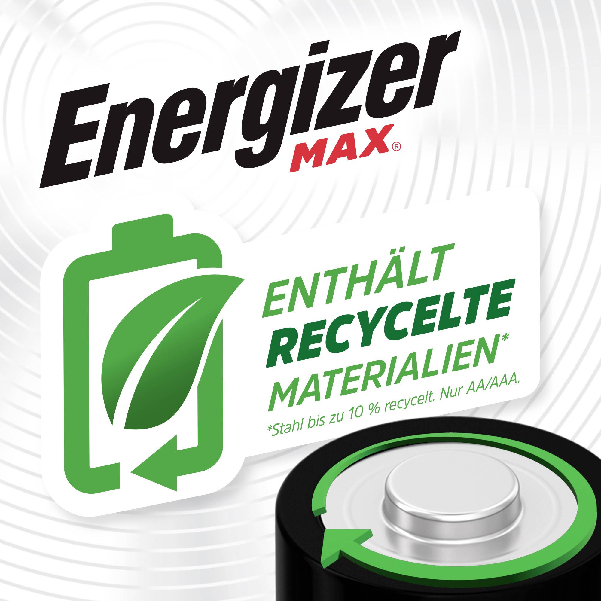 The image shows an Energizer pack with the 'Energizer Max' logo. A symbol featuring a battery and a leaf indicates that it contains up to 10% recycled material.