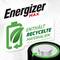 The image shows an Energizer pack with the 'Energizer Max' logo. A symbol featuring a battery and a leaf indicates that it contains up to 10% recycled material.