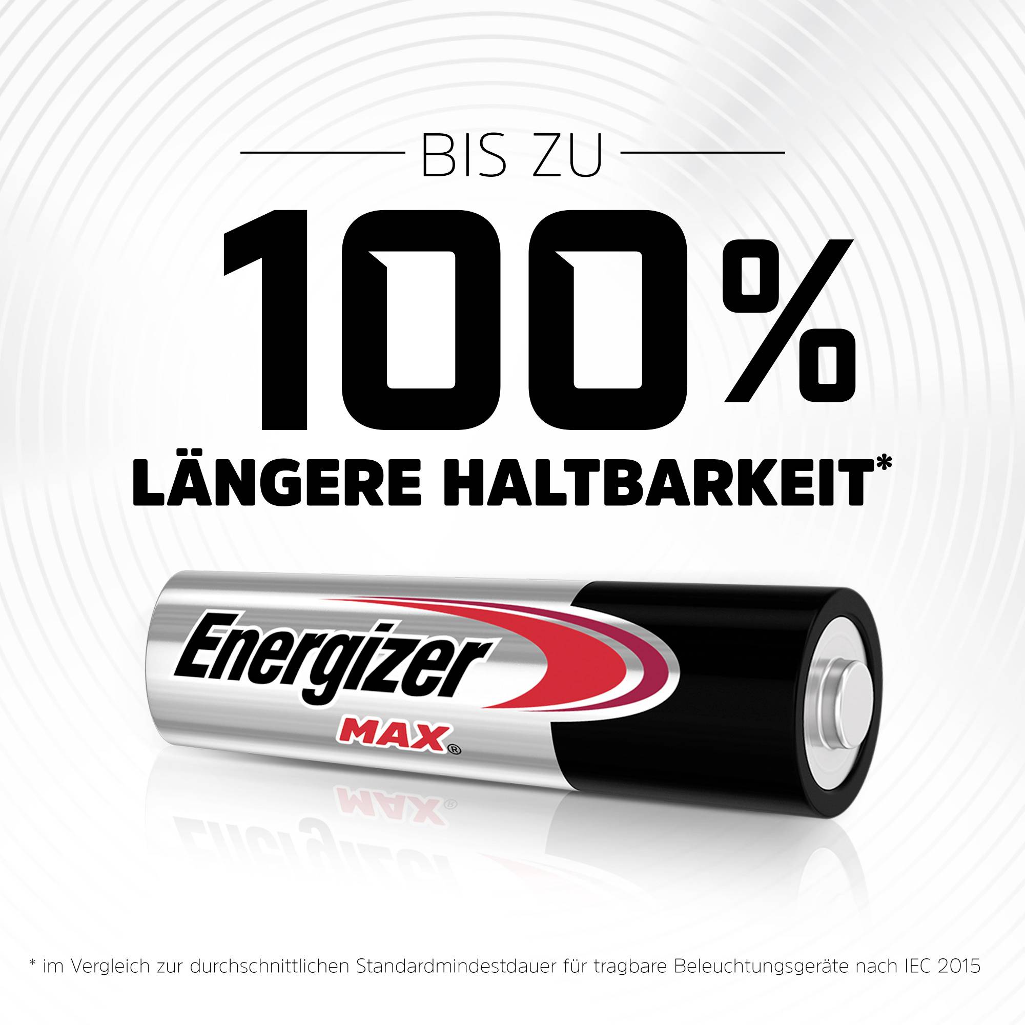 'Up to 100% longer lasting* - Energizer Max Battery. *Compared to the average standard minimum battery...'