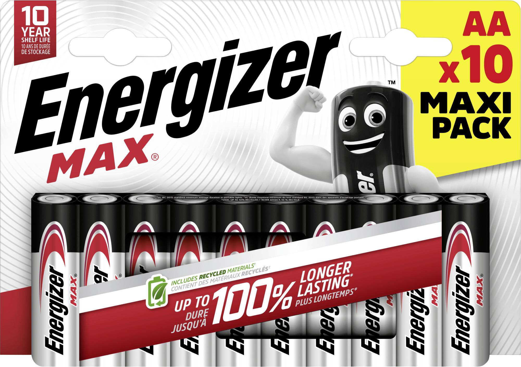 Energizer Max AA Batteries, Pack of 10. Packaging features the iconic Energizer character. Highlighted features: long-lasting performance, recycled materials.