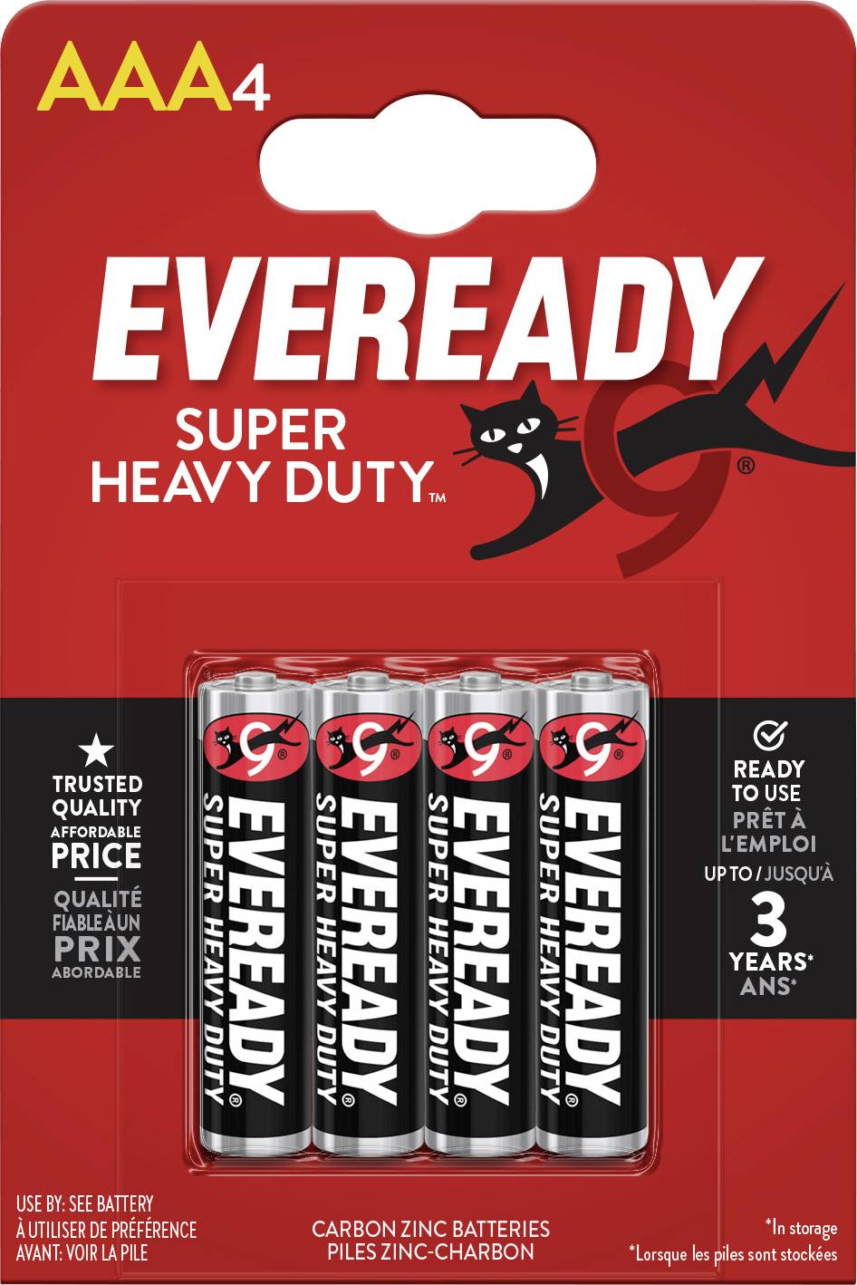 'EVEREADY Super Heavy Duty' AAA Batteries, Pack of 4. Packaging displays the brand logo and indicates a shelf life of 3 years.