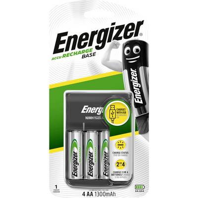 Packaging for four Energizer AA rechargeable batteries with 1300mAh. Includes a figure demonstrating strength, and a USB charging process.