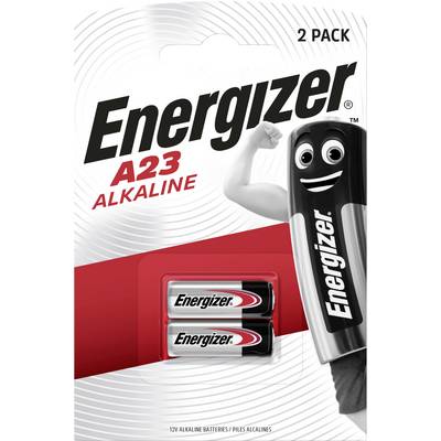 'Energizer A23 Alkaline', 2-pack Batteries. Image of two batteries with a bold cartoon mascot.
