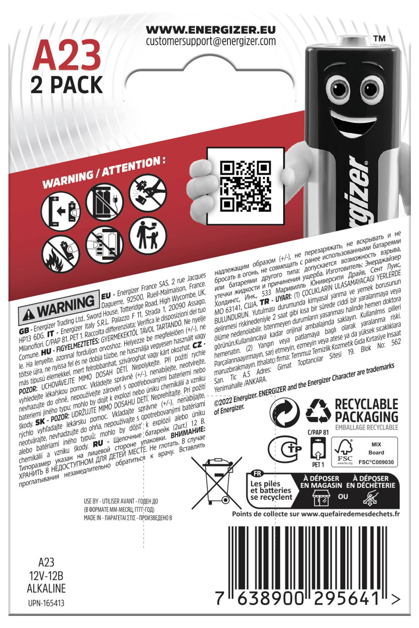 Back of a battery packaging with warning notices, QR code, brand contact information, and recycling symbols. Battery type: A23.