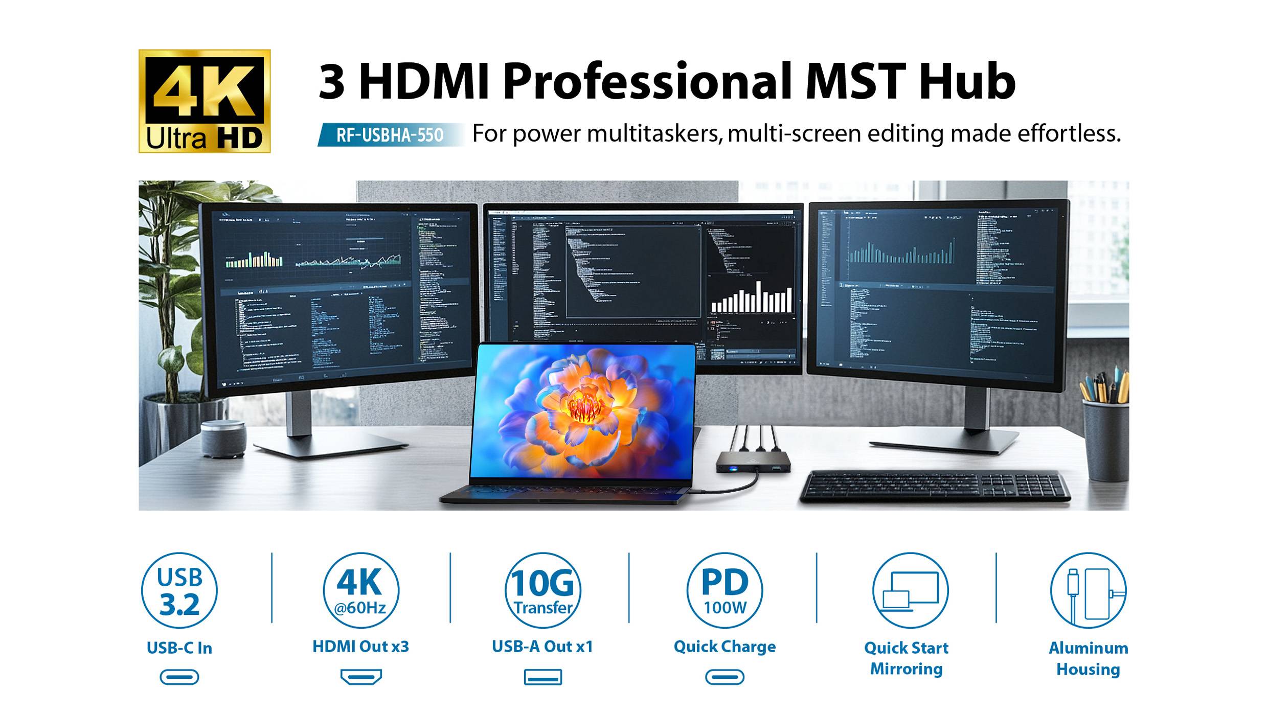 '3 HDMI Professional MST Hub' for power multitaskers, supports 4K, USB 3.2, 100W PD, quick charging, and aluminum housing; shown with multiple screens.