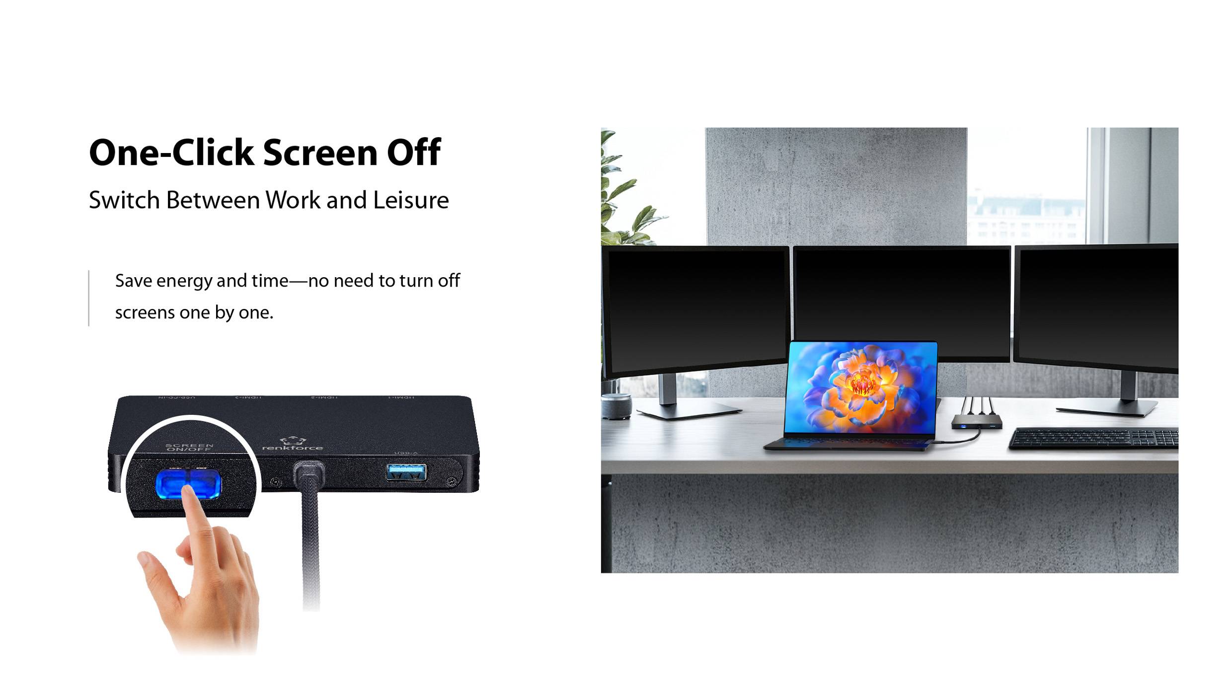'One-Click Screen Off' device, shown in use, controls power to multiple monitors and a laptop. Caption highlights saving energy and time.