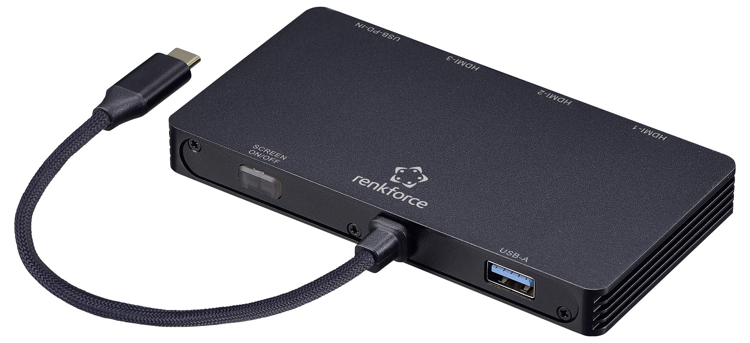 Black Renkforce USB-C hub with four USB ports and a USB-A port, connected by a short, flexible cable.