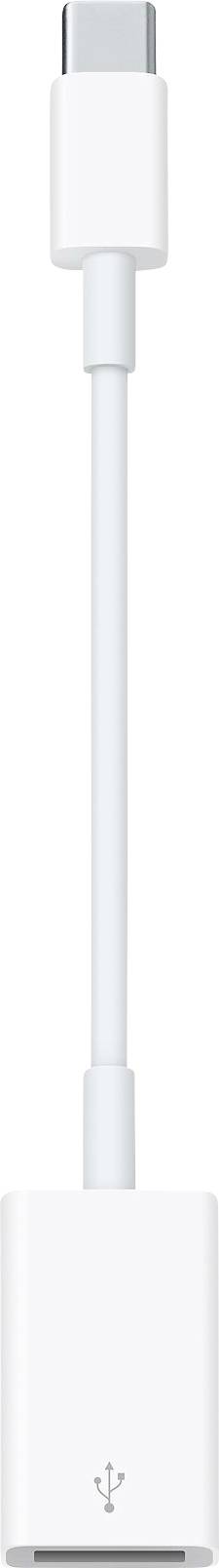 A white adapter with a USB-C port on one side and a USB port on the other. Connects devices with different connection types.