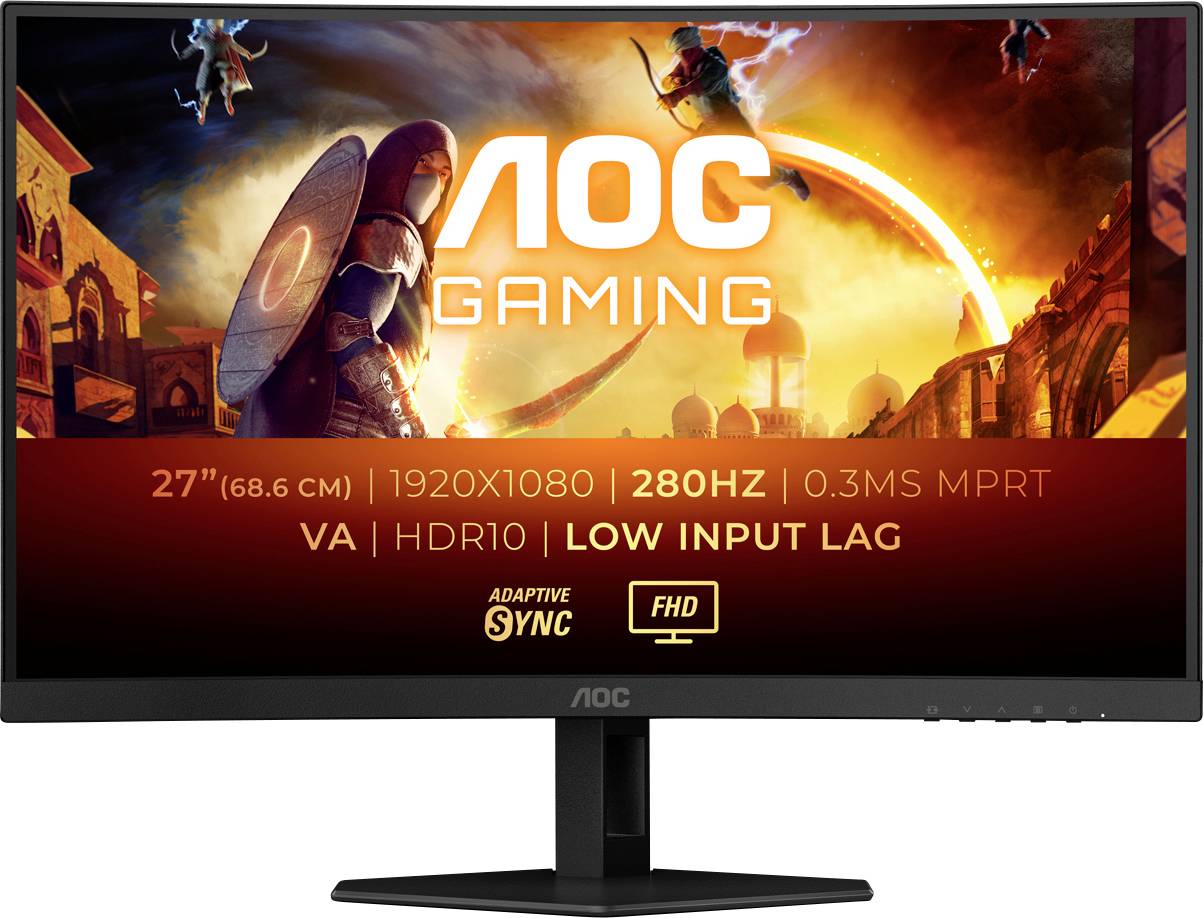 Monitor with 'AOC GAMING' display, scenes from a video game featuring warriors, 27" (68.6 cm), 1920x1080, 280Hz, VA, HDR10, low input lag.