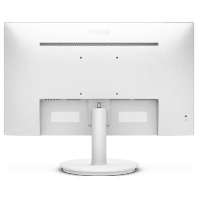 Back of a white computer monitor on a circular stand, with no visible ports or controls.