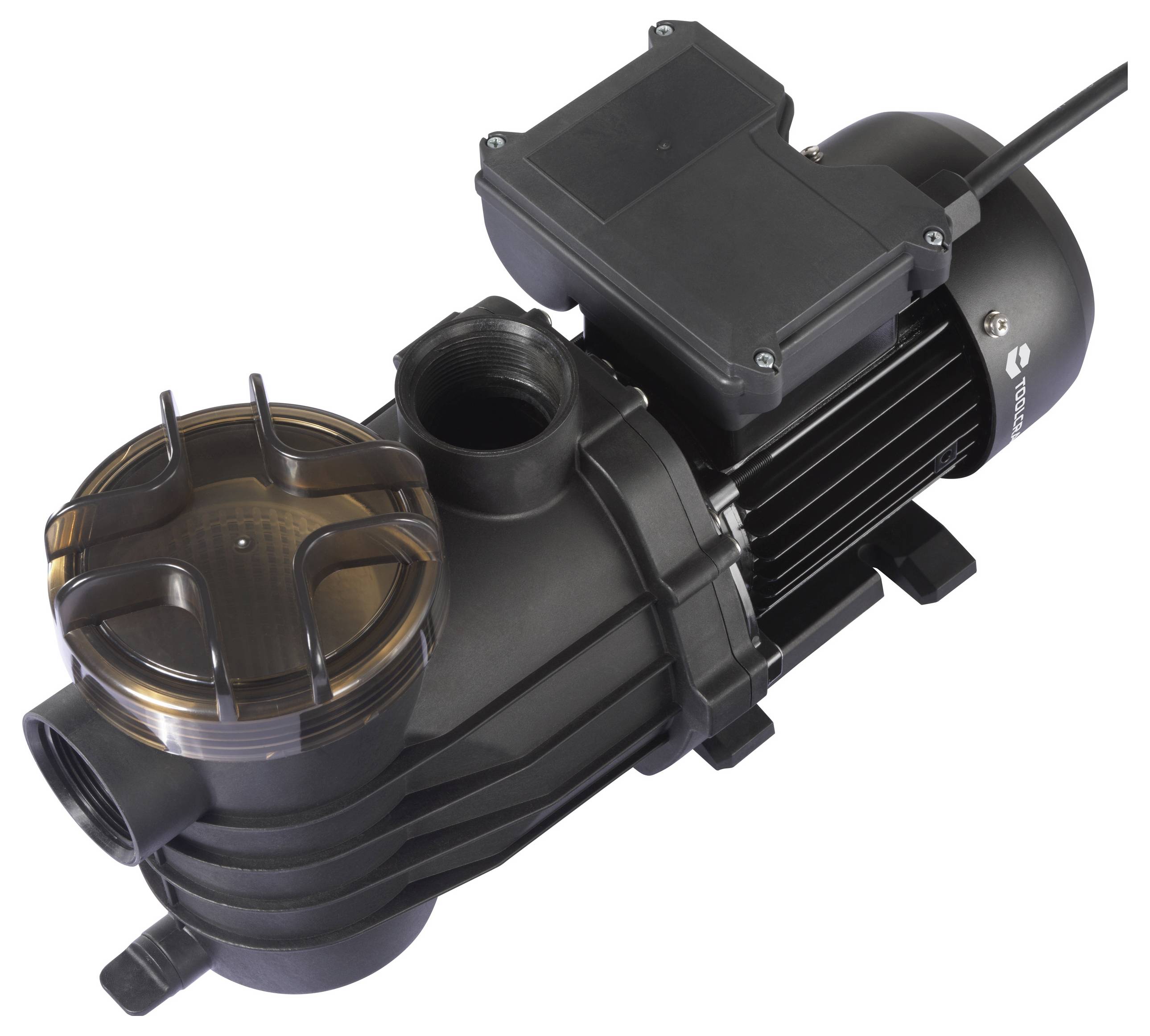Black water pump with transparent lid and motor, suitable for pool or irrigation systems.