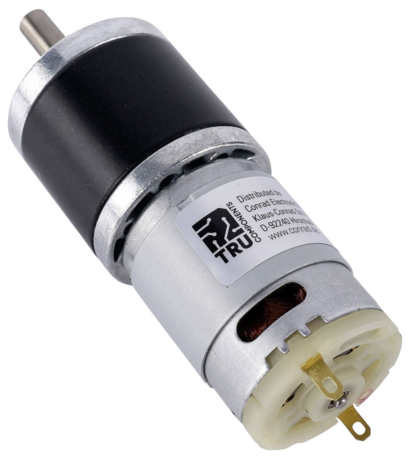 'A small DC motor with a metal gearbox and mounting bracket, labeled with technical specifications.'