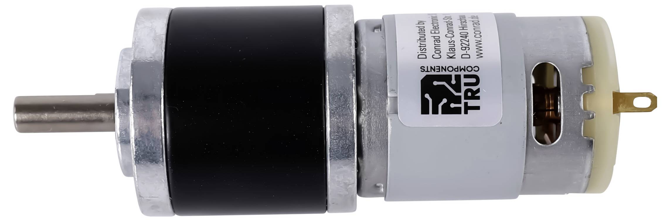 A small electric motor with a cylindrical metal casing, protruding shaft on one end, and a label on the side showing brand and model details.