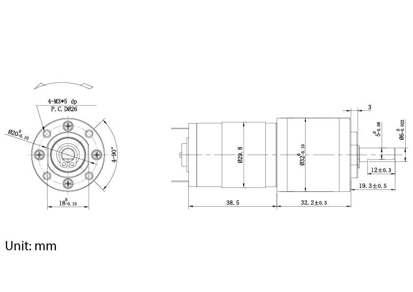 'Mechanical component dimensions' showing two views: top view with mounting holes, side view with detailed measurements. Unit: mm.