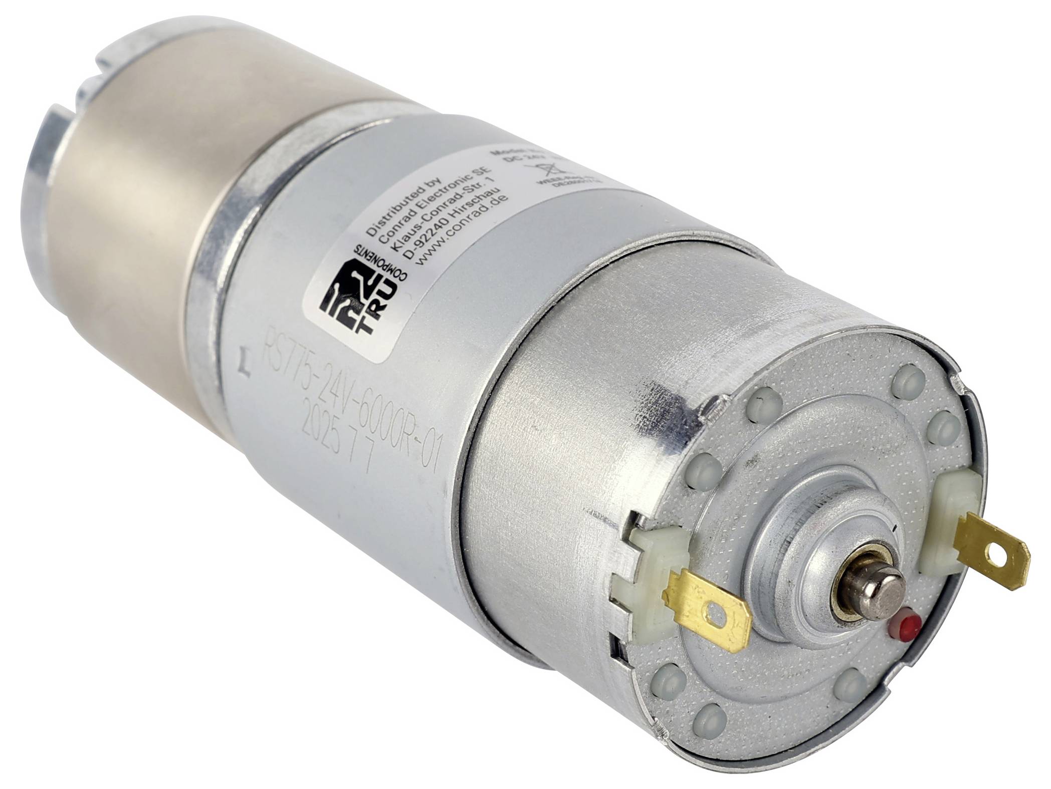 A close-up of a cylindrical DC motor with two metal connectors on top. The label shows specifications and a QR code.