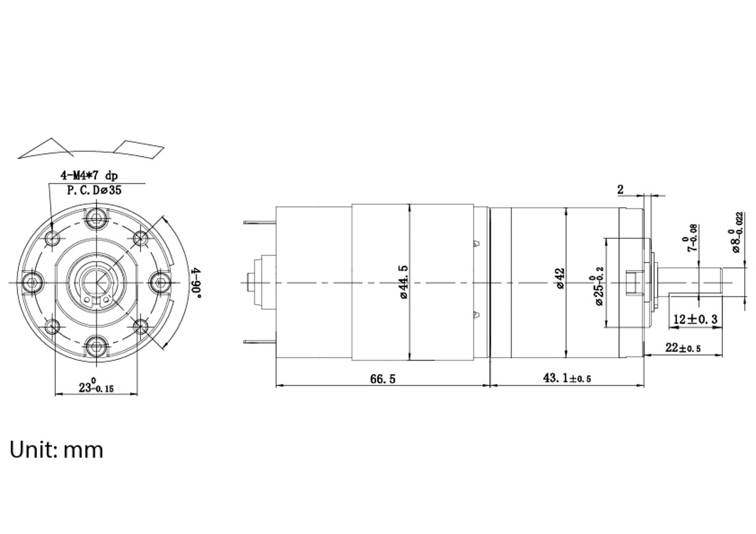 Technical drawing of a cylindrical motor with detailed measurements. Front and side views show dimensions in millimeters for precise specifications.