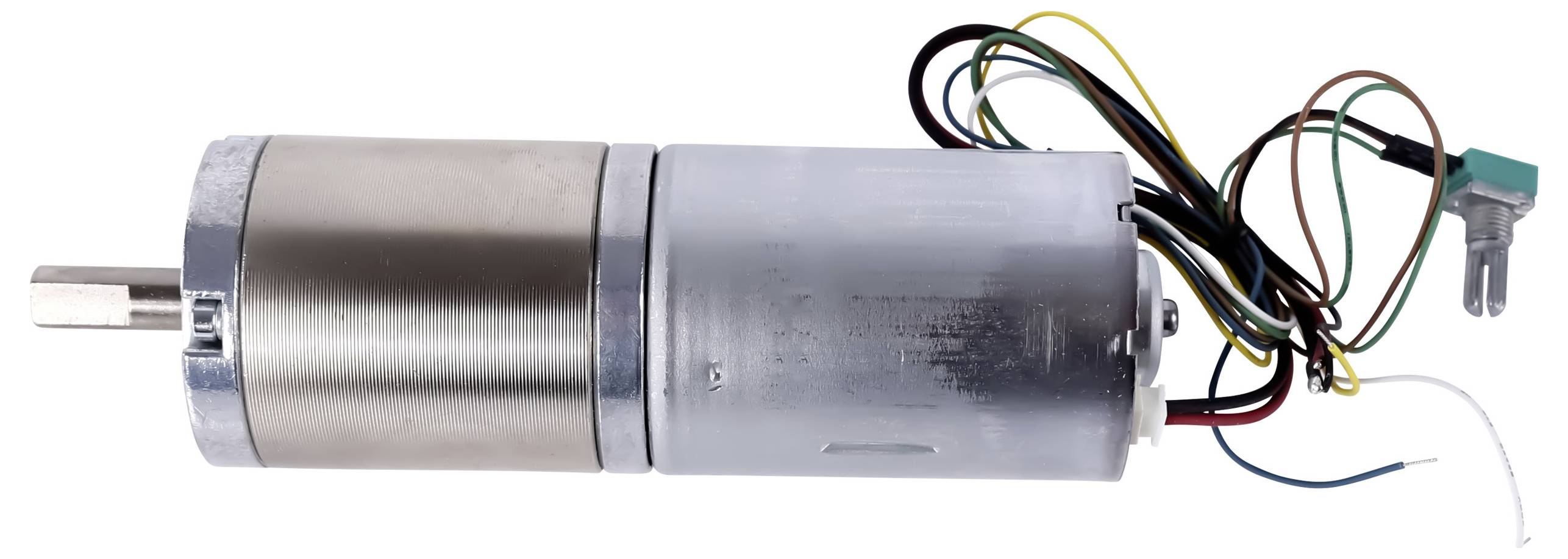 A close-up of a small electric motor with attached wires and a toggle switch, used for mechanical or electronic applications.