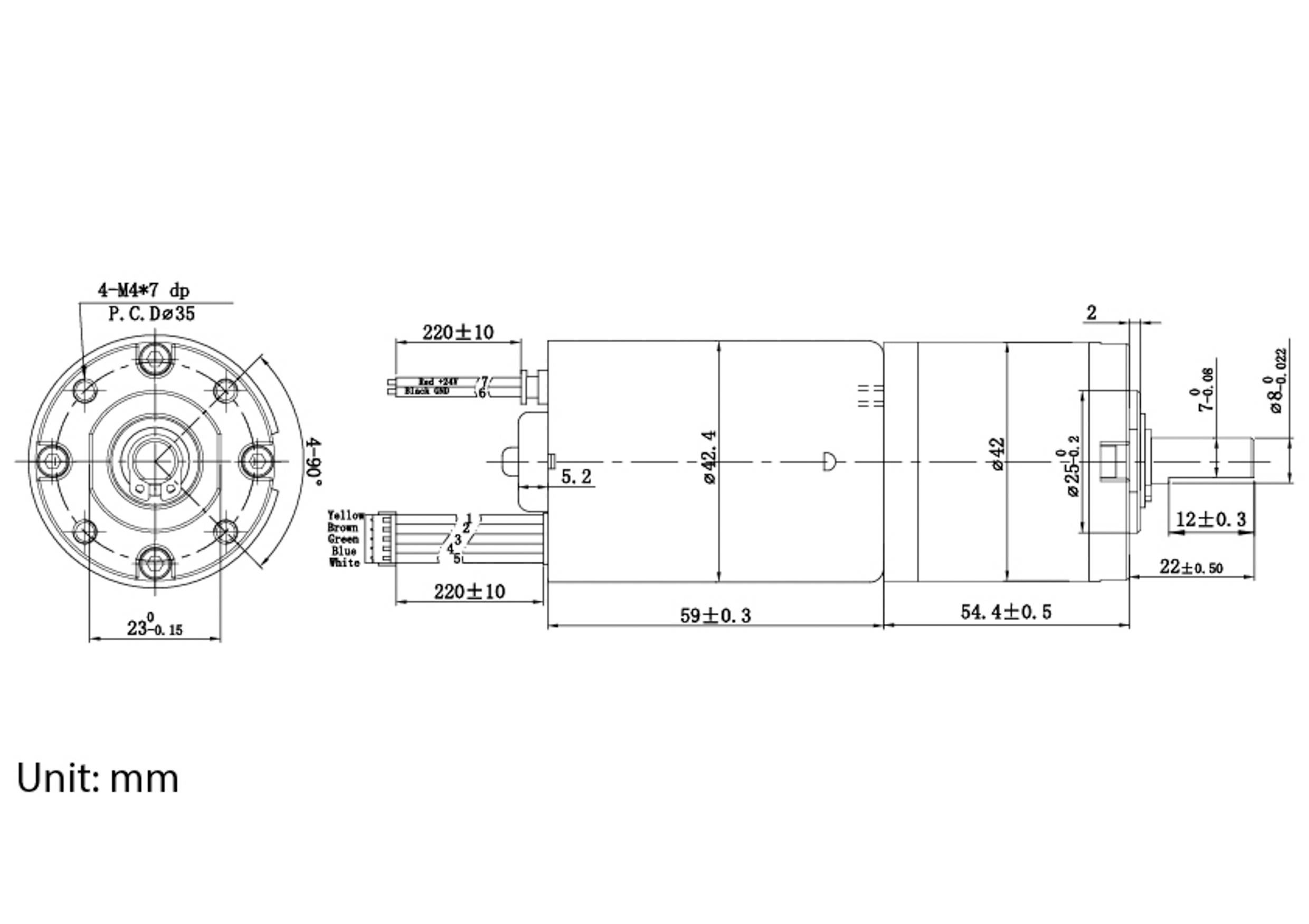 'Technical schematic of a cylindrical motor with labeled dimensions in millimeters, showing various components and wiring details.'