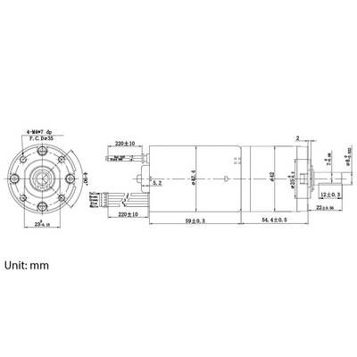 'Technical schematic of a cylindrical motor with labeled dimensions in millimeters, showing various components and wiring details.'