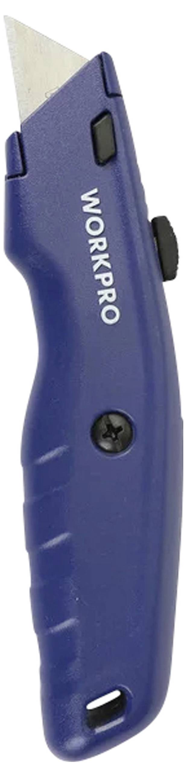 A blue utility knife with a retractable blade, featuring an ergonomic handle and the brand name 'Workpro' printed on the side.