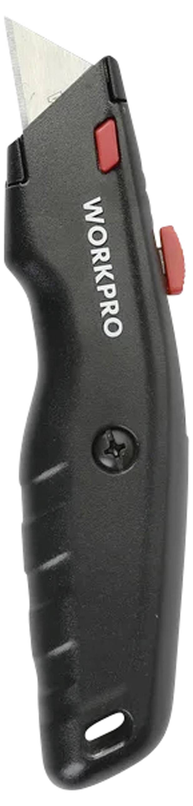 A black utility knife with a retractable blade and red safety buttons, labeled 'WORKPRO'.