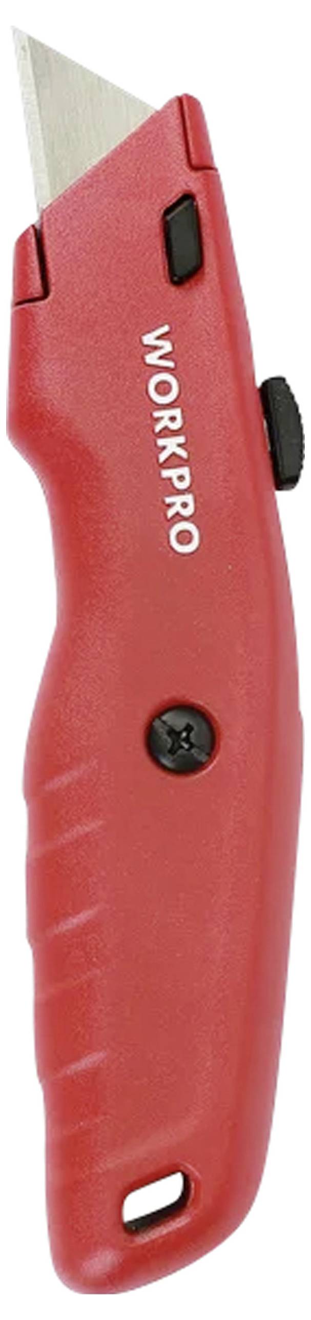 A red utility knife with a retractable blade and ergonomic grip, labeled 'WORKPRO' on the handle.